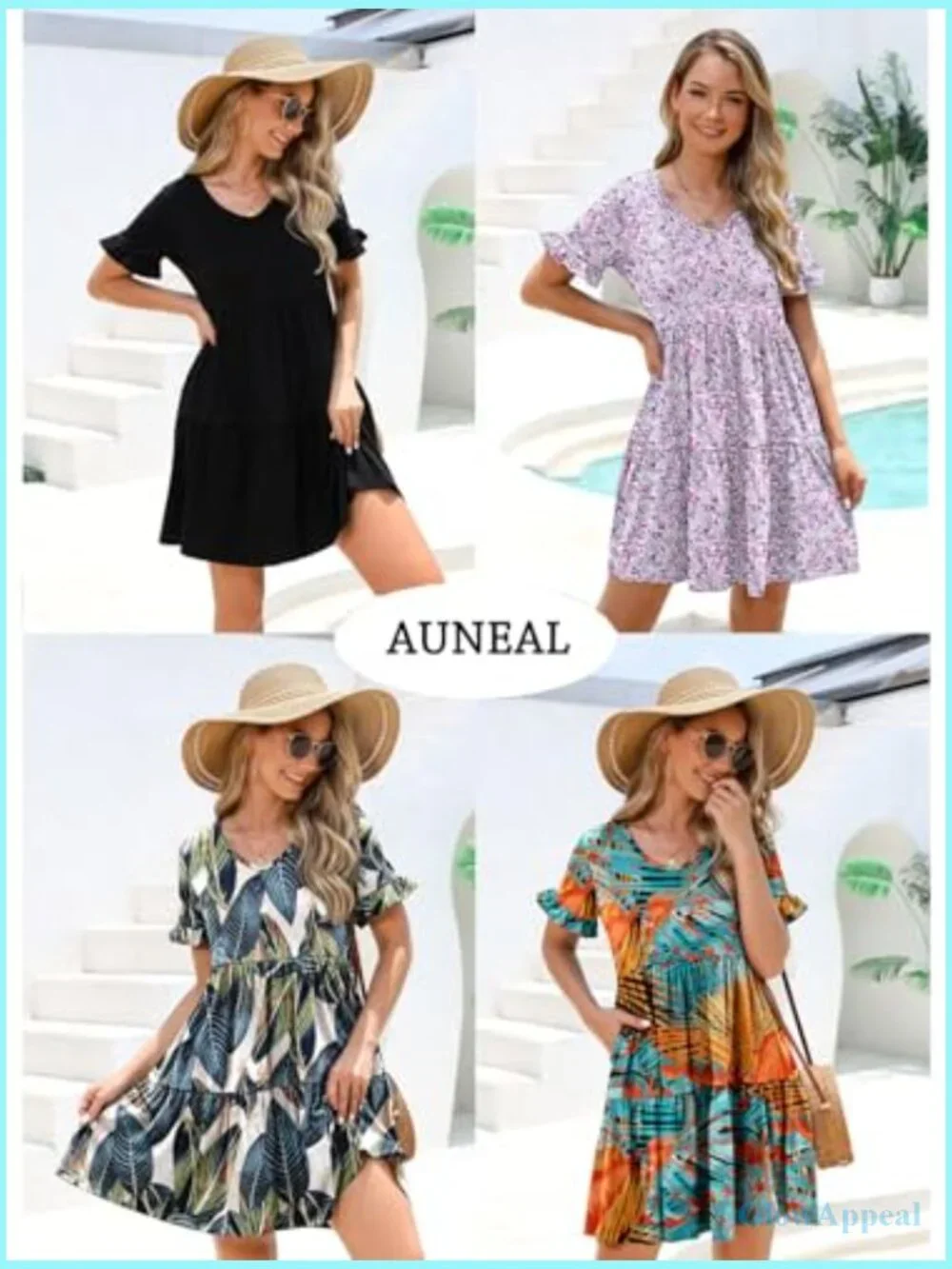 Loose V Neck Ruffle Tiered Flowy A Line Mini Beach Dress with Pockets - Picture 5 of 7